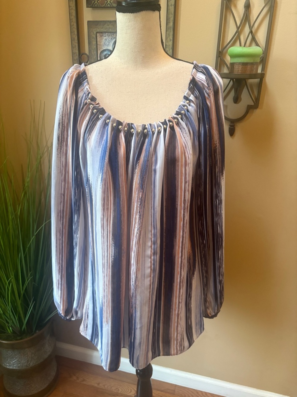 Jennifer Lopez Striped Peasant Top in Blue and Brown Tones